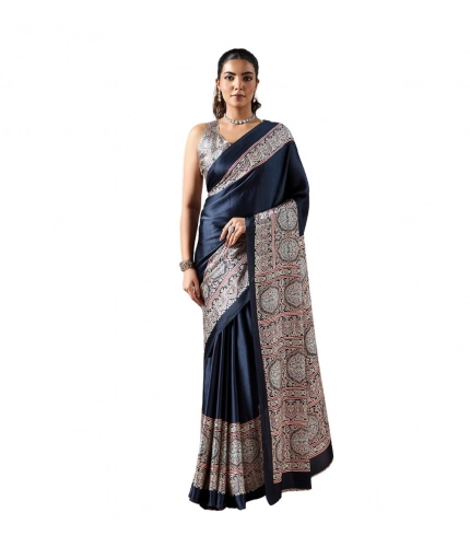 Generic Women's Satin Crepe Printed Saree With Unstitched Blouse 5.5Mtr (Navy Blue)