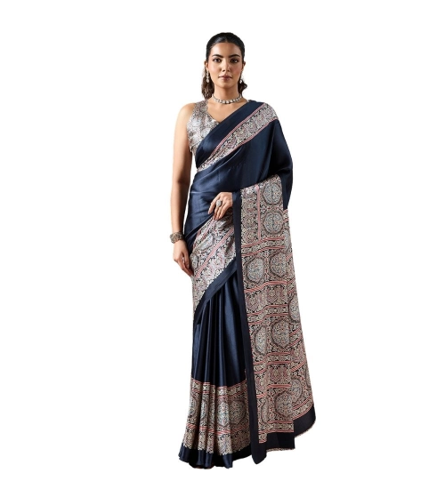 Generic Women's Satin Crepe Printed Saree With Unstitched Blouse 5.5Mtr (Navy Blue)