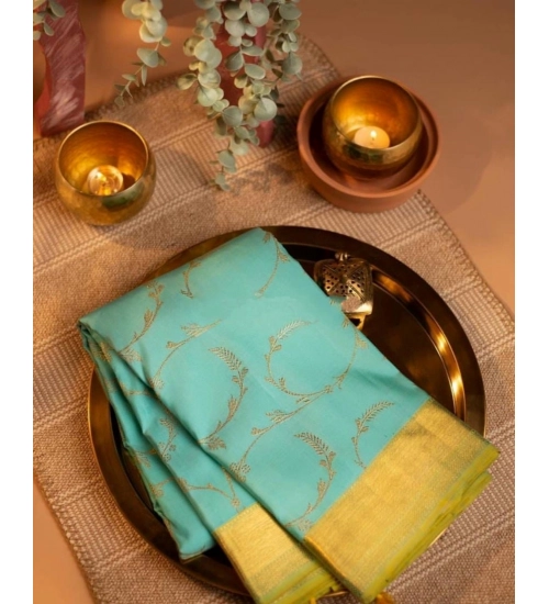 Generic Women's Soft Litchi Silk Jacquard Work Saree With Unstitched Blouse 5.5Mtr (Sky Blue)