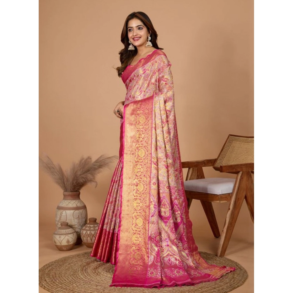 Women's Jacquard Saree With Unstitched Blouse 5.5Mtr (Pink)