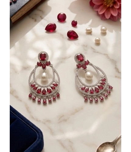 Generic Women's Brass Silver Plated Chandbali Earrings (Red)