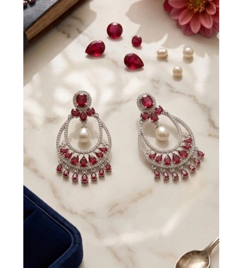 Generic Women's Brass Silver Plated Chandbali Earrings (Red)