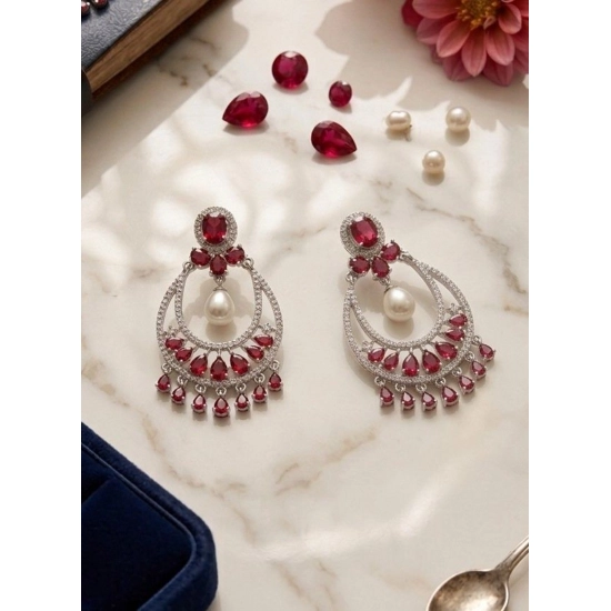 Generic Women's Brass Silver Plated Chandbali Earrings (Red) Generic Women's Brass Silver Plated Chandbali Earrings (Red)