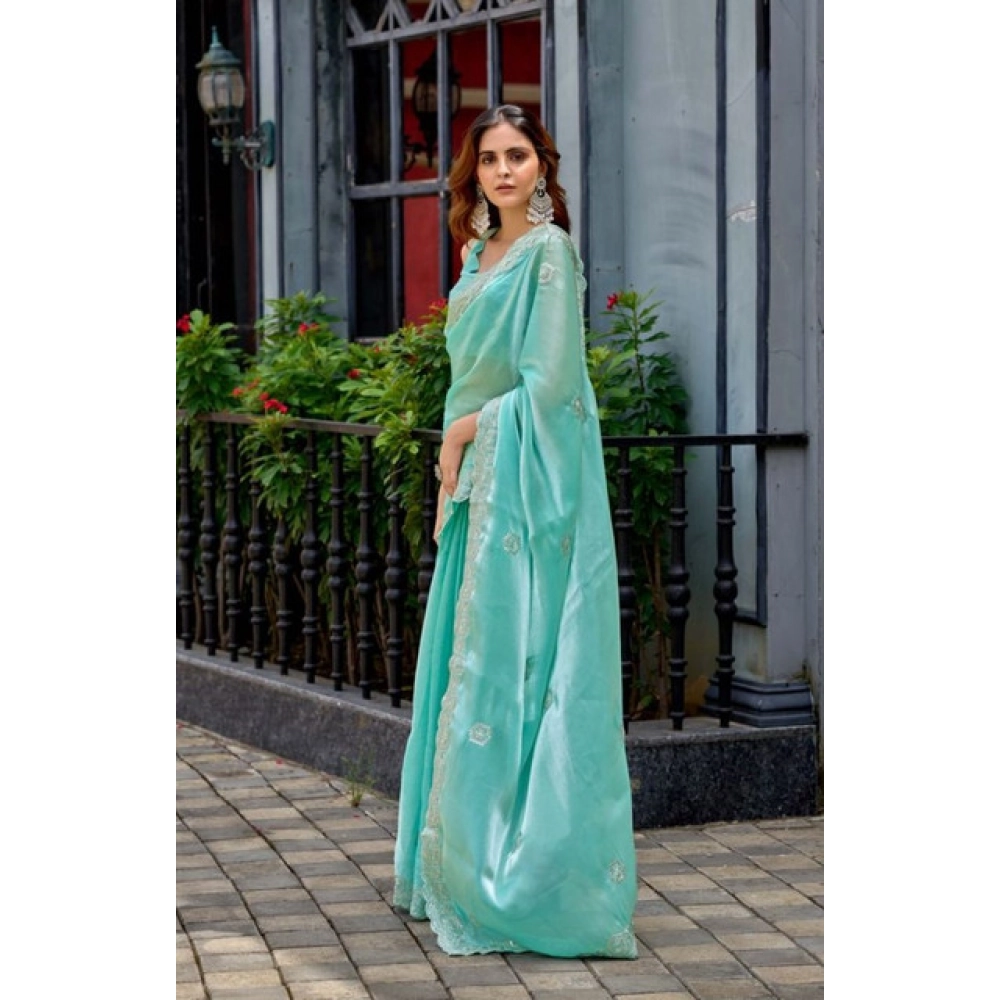Generic Women's Faux Shimmer Geometric Ready to wear Saree With Unstitched Blouse 5.5Mtr (Light_AquaBlue) Generic Women's Faux Shimmer Geometric Ready to wear Saree With Unstitched Blouse 5.5Mtr (Light_AquaBlue)