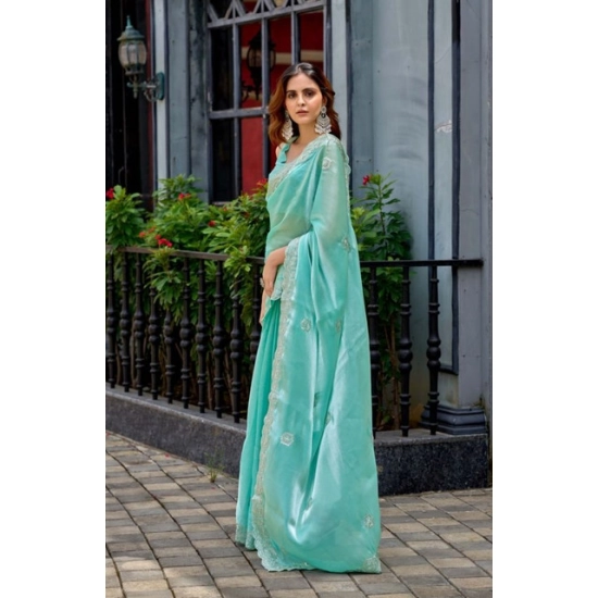 Generic Women's Faux Shimmer Geometric Ready to wear Saree With Unstitched Blouse 5.5Mtr (Light_AquaBlue) Generic Women's Faux Shimmer Geometric Ready to wear Saree With Unstitched Blouse 5.5Mtr (Light_AquaBlue)