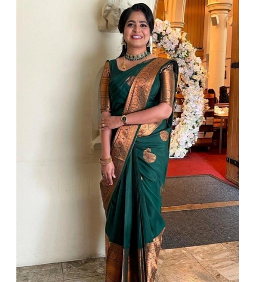 Generic Women's Soft Lichi Silk Printed Saree With Unstitched Blouse 5.5Mtr (Green)