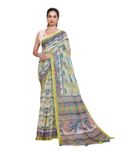 Generic Women's Linen Floral Printed Saree With Unstitched Blouse 5.5Mtr (Pista Green)