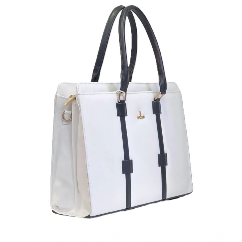 Generic Women's Polyurethane Solid Structured Shoulder Tote Handbag (Cream-Navy Blue)