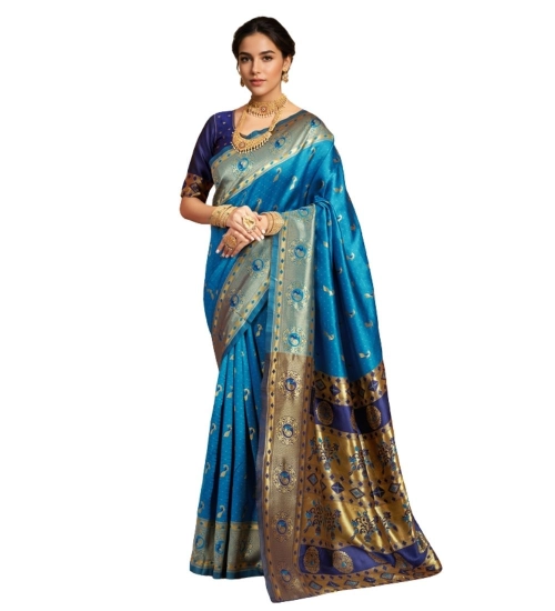 Generic Women's Silk Blend Zari Weaving Saree With Unstitched Blouse 5.5Mtr (Aqua)