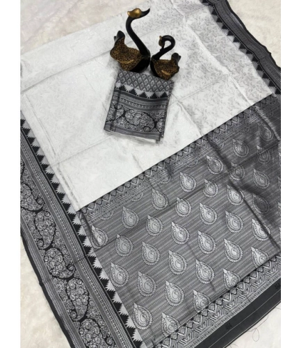 Generic Women's Soft Lichi Silk Printed Saree With Unstitched Blouse 5.5Mtr (Off-White)