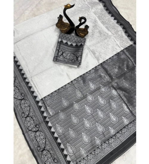 Generic Women's Soft Lichi Silk Printed Saree With Unstitched Blouse 5.5Mtr (Off-White)