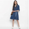 Generic Women's Denim Solid Roll Up Sleeve Dress (Blue)