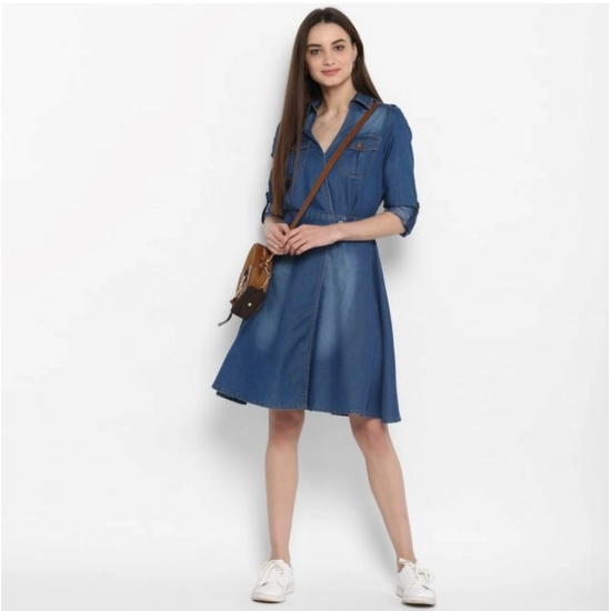 Generic Women's Denim Solid Roll Up Sleeve Dress (Blue) Generic Women's Denim Solid Roll Up Sleeve Dress (Blue)