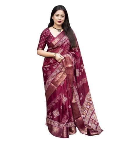 Generic Women's Cotton Silk Printed Saree With Unstitched Blouse 5.5Mtr (Wine)