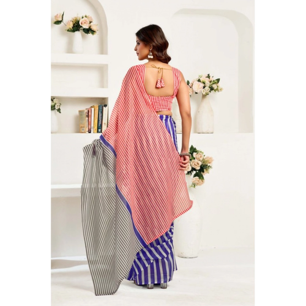 Generic Women's Linen Cotton Printed Ready To Wear Saree With Unstitched Blouse 5.5 Mtr (Blue)