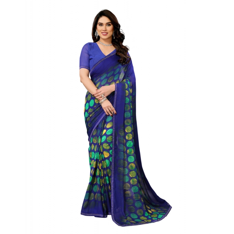 Women's Georgette Printed Saree With Unstitched Blouse 5.5Mtr (Blue)