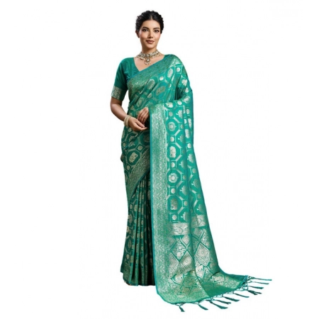 Generic Women's Silk Blend Printed Saree With Unstitched Blouse 5.5Mtr (Rama Green)