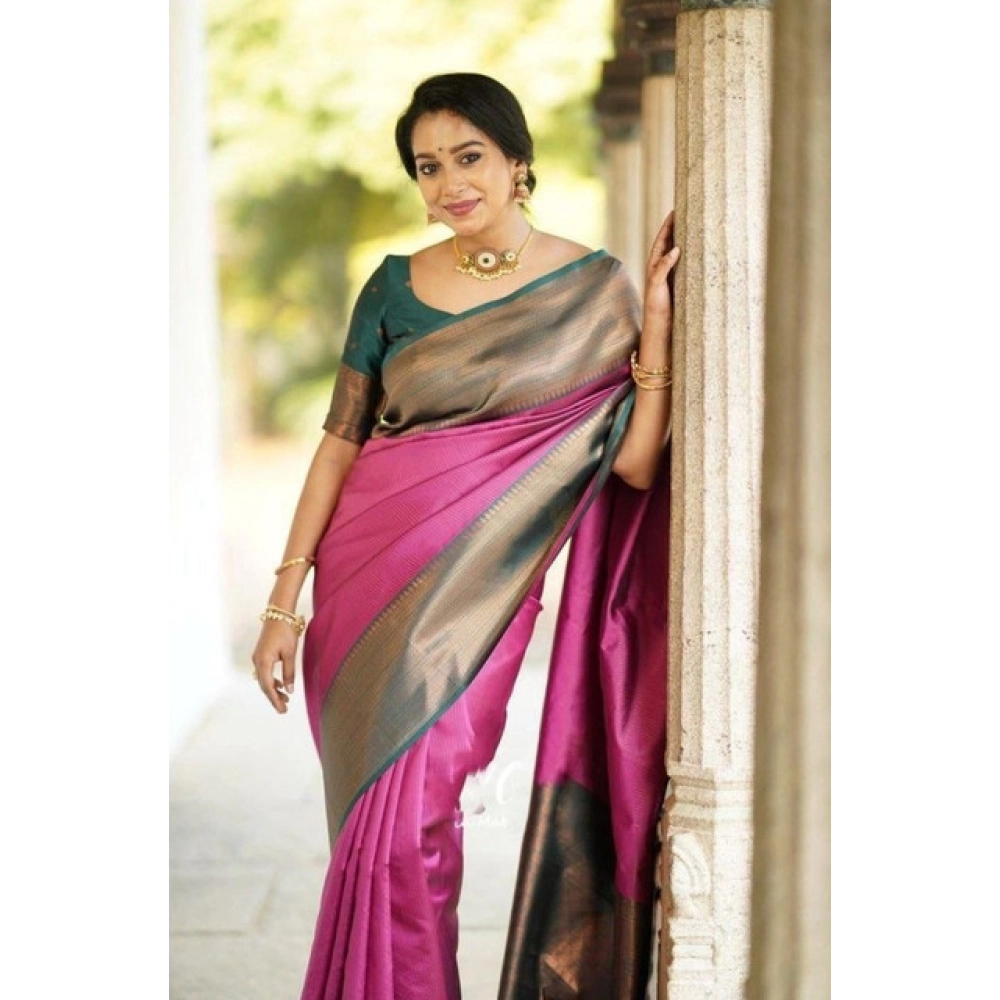 Generic Women's Soft Lichi Silk Printed Saree With Unstitched Blouse 5.5Mtr (Pink)