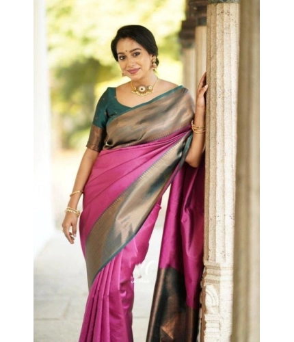 Generic Women's Soft Lichi Silk Printed Saree With Unstitched Blouse 5.5Mtr (Pink)