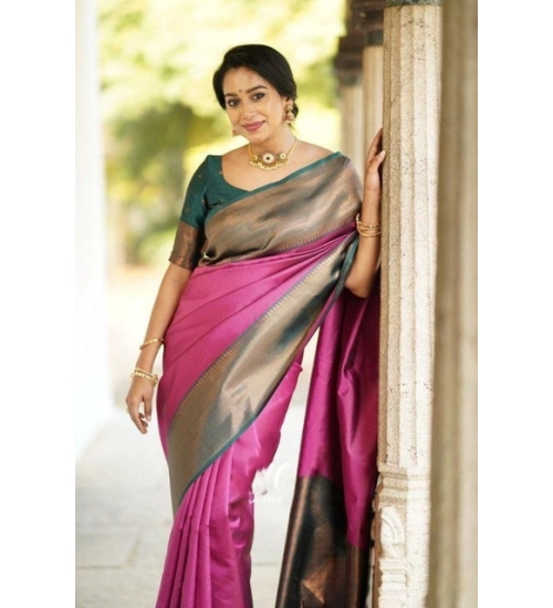 Generic Women's Soft Lichi Silk Printed Saree With Unstitched Blouse 5.5Mtr (Pink)