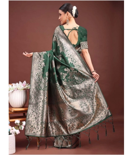 Generic Women's Banarasi Silk Printed Saree With Unstitched Blouse 5.5Mtr (Dark Green)