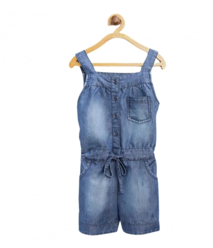 Generic Girl's Denim Embroidered Sleeveless Jumpsuit (Blue)