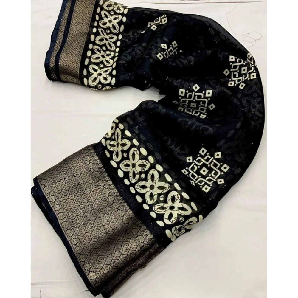Generic Women's Cotton Silk Printed Saree With Unstitched Blouse 5.5Mtr (Black)