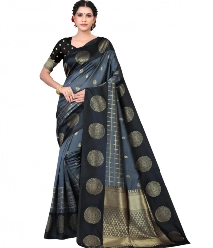 Generic Women's Soft Lichi Silk Printed Saree With Unstitched Blouse 5.5Mtr (Black)