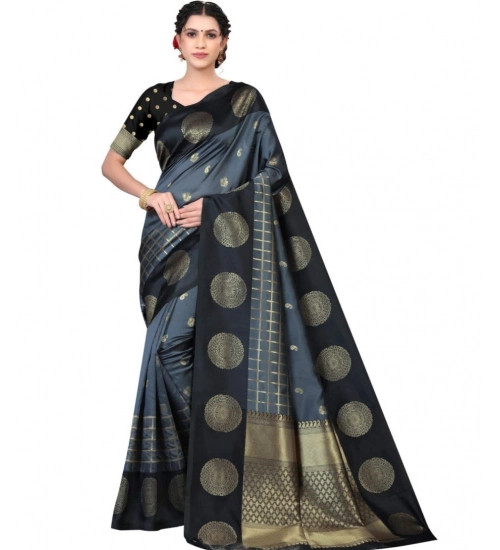 Generic Women's Soft Lichi Silk Printed Saree With Unstitched Blouse 5.5Mtr (Black)