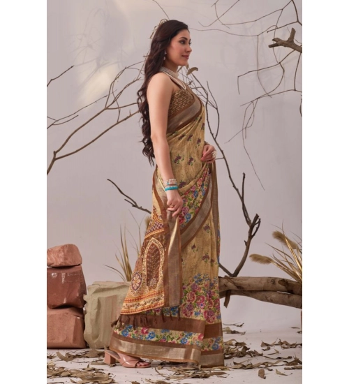 Generic Women's Faux_Linen Printed Saree With Unstitched Blouse 5.5Mtr (Beige)