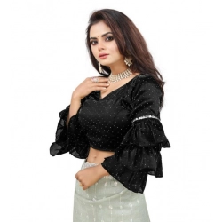 Generic Women's Organza Solid V Neck Layered Ruffle Sleeve Readymade Blouse (Black Free Size , up to 38–40 Bust)-PID65848