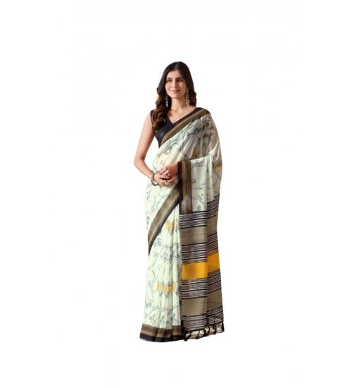 Generic Women's Faux_Linen Printed Saree With Unstitched Blouse 5.5Mtr (Light_Green)