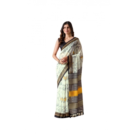 Generic Women's Faux_Linen Printed Saree With Unstitched Blouse 5.5Mtr (Light_Green)