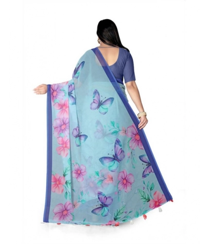 Generic Women's Georgette Floral Printed Saree With Unstitched Blouse 5.5Mtr (Blue)
