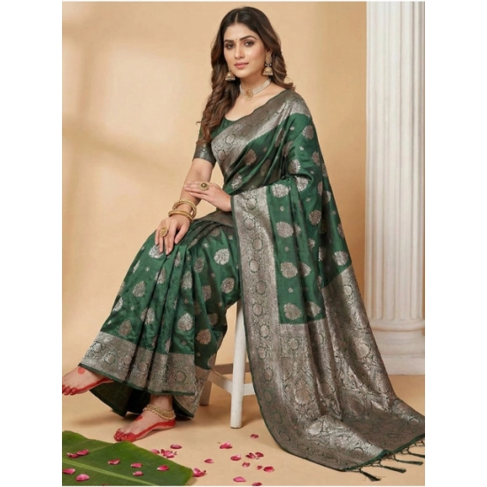 Generic Women's Silk Blend Printed Saree With Unstitched Blouse 5.5Mtr (Dark Green)