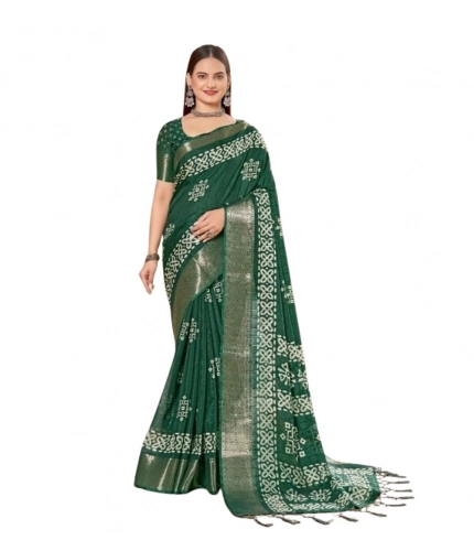 Generic Women's Cotton Silk Printed Saree With Unstitched Blouse 5.5Mtr (Green)