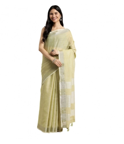 Generic Women's Linen Cotton Printed Saree With Unstitched Blouse 5.5Mtr (Olive Green)