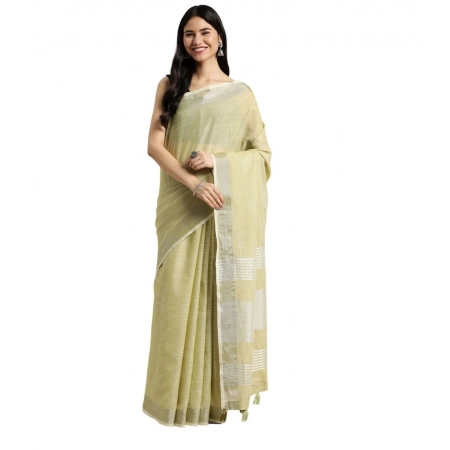 Generic Women's Linen Cotton Printed Saree With Unstitched Blouse 5.5Mtr (Olive Green)