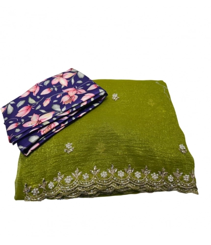 Generic Women's Stone Work Soft Silk Saree With Unstitched Blouse (Green, 5-6 Mtrs)