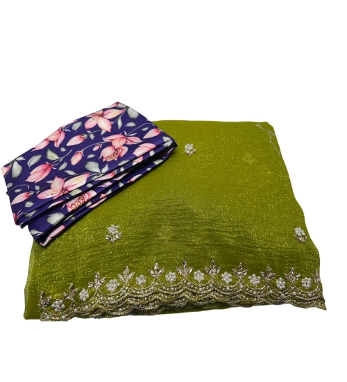 Generic Women's Stone Work Soft Silk Saree With Unstitched Blouse (Green, 5-6 Mtrs)