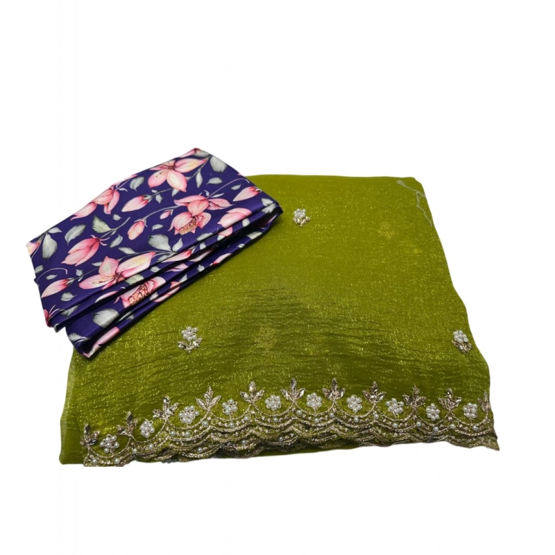 Women's Stone Work Soft Silk Saree With Unstitched Blouse (Green, 5-6 Mtrs)