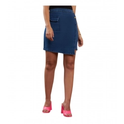 Generic Women's Denim Lycra Solid Button Skirt (Blue)