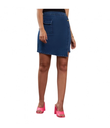 Generic Women's Denim Lycra Solid Button Skirt (Blue)