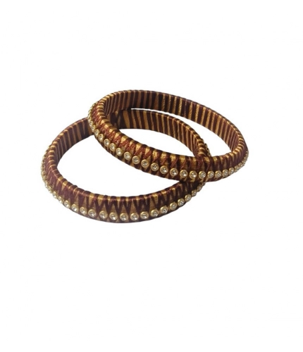 Generic Women's Plastic Silk Thread Bangles (Gold-Dark Brown, Size: 2.6)