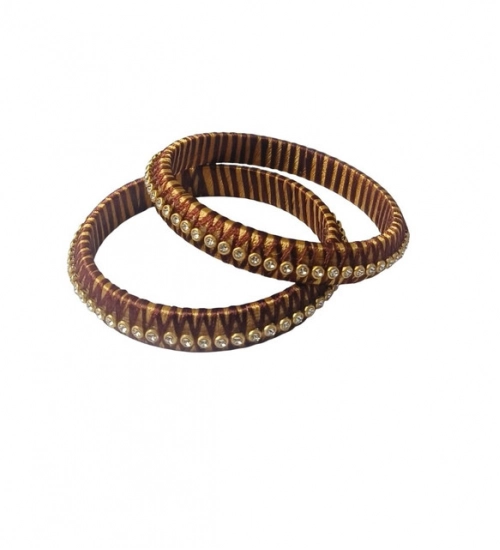 Generic Women's Plastic Silk Thread Bangles (Gold-Dark Brown, Size: 2.6)