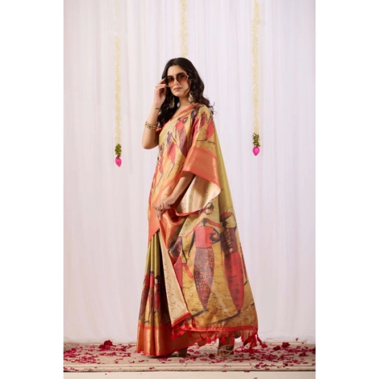 Generic Women's Faux_Silk Printed Saree With Unstitched Blouse 5.5Mtr (Olive)
