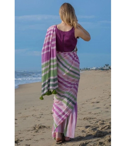 Generic Women's Linen Printed Saree With Unstitched Blouse 5.5Mtr (Pink)