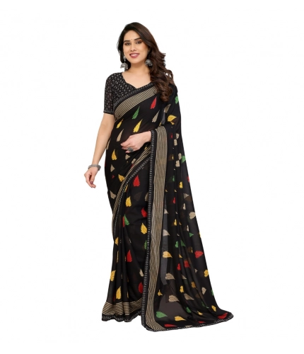 Generic Women's Georgette Printed Saree With Unstitched Blouse 5.5Mtr (Black)