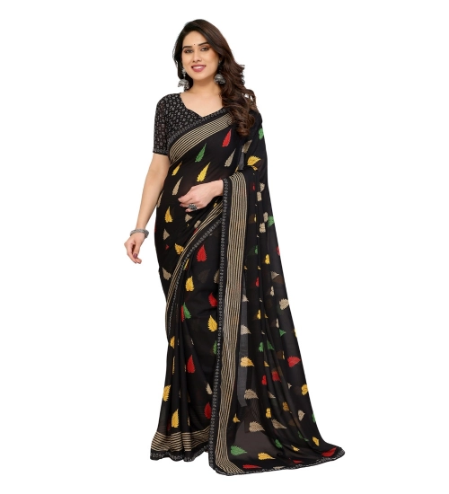 Generic Women's Georgette Printed Saree With Unstitched Blouse 5.5Mtr (Black)