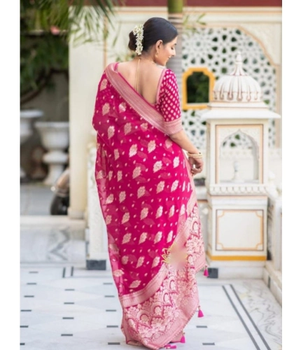 Generic Women's Soft Lichi Silk Printed Saree With Unstitched Blouse 5.5Mtr (Pink)
